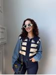 Lacivert Ekru Çizgili Kolları Denim Fermuarlı Hırka