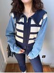 Lacivert Ekru Çizgili Kolları Denim Fermuarlı Hırka