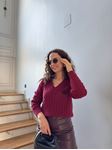 Bordo V Yaka Nakışlı Örgü Kazak