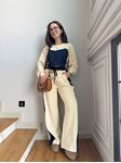 Bej Lacivert Denim Detay Garnili Takım