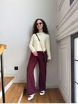 Bordo Yüksek Bel Fitilli Pantolon