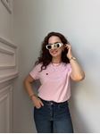 Pembe Bisiklet Yaka Kalp Nakışlı Pamuklu T-Shirt