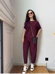 Bordo Petekli Kumaş Pantolon Bluz Takım