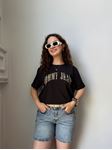 TMMY Siyah Leopar Yazı Detaylı Basıc T-shirt