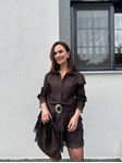 Premium Kahverengi Etek Ucu Ve Kolları Dantelli Denim Elbise