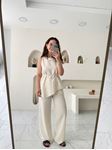 Naturel Bağlamalı Asimetrik Keten Bluz Pantolon Takım