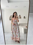 Mavi Turuncu Çiçek Desenli Kulplu Midi Elbise
